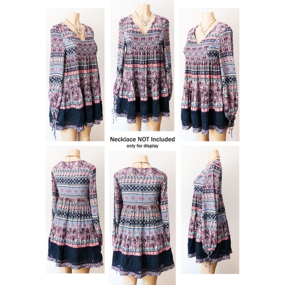 Navy Blue Multi BOHO Print Babydoll Tunic Blouse - Picture 7 of 8